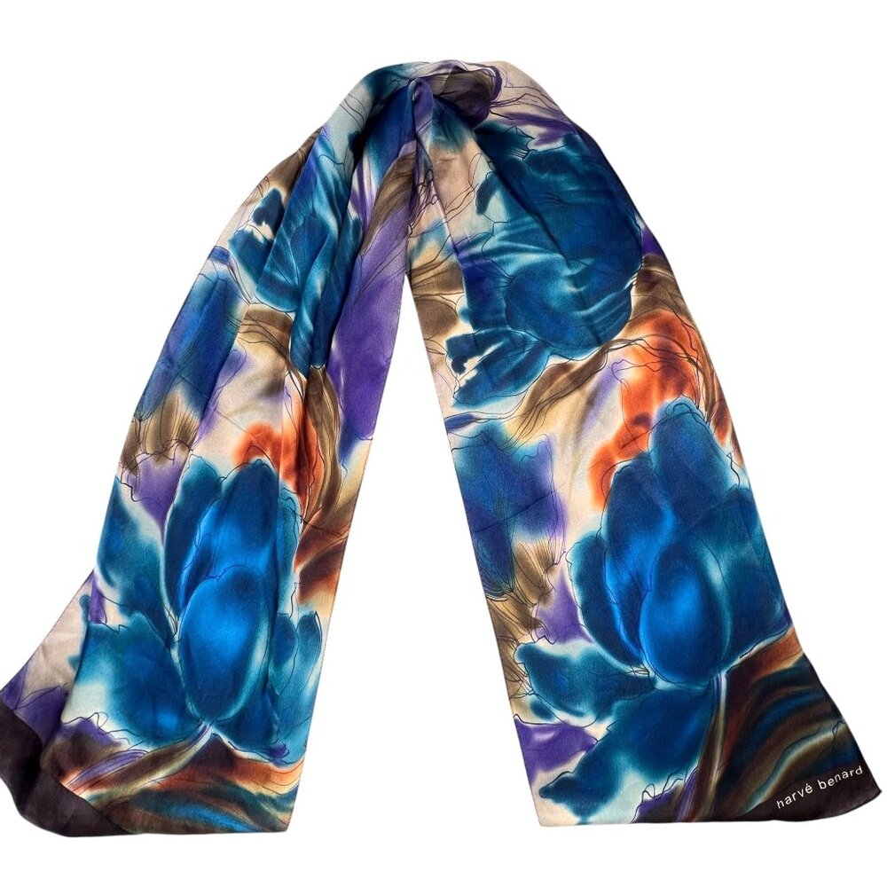 Vtg Harvé Benard Floral Silk Scarf Blue Orange Watercolor Designer Vibrant Art